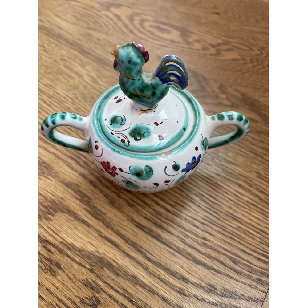 Vintage Italian Majolica Sugar Bowl Rooster Lid Hand Painted Italy 240-56